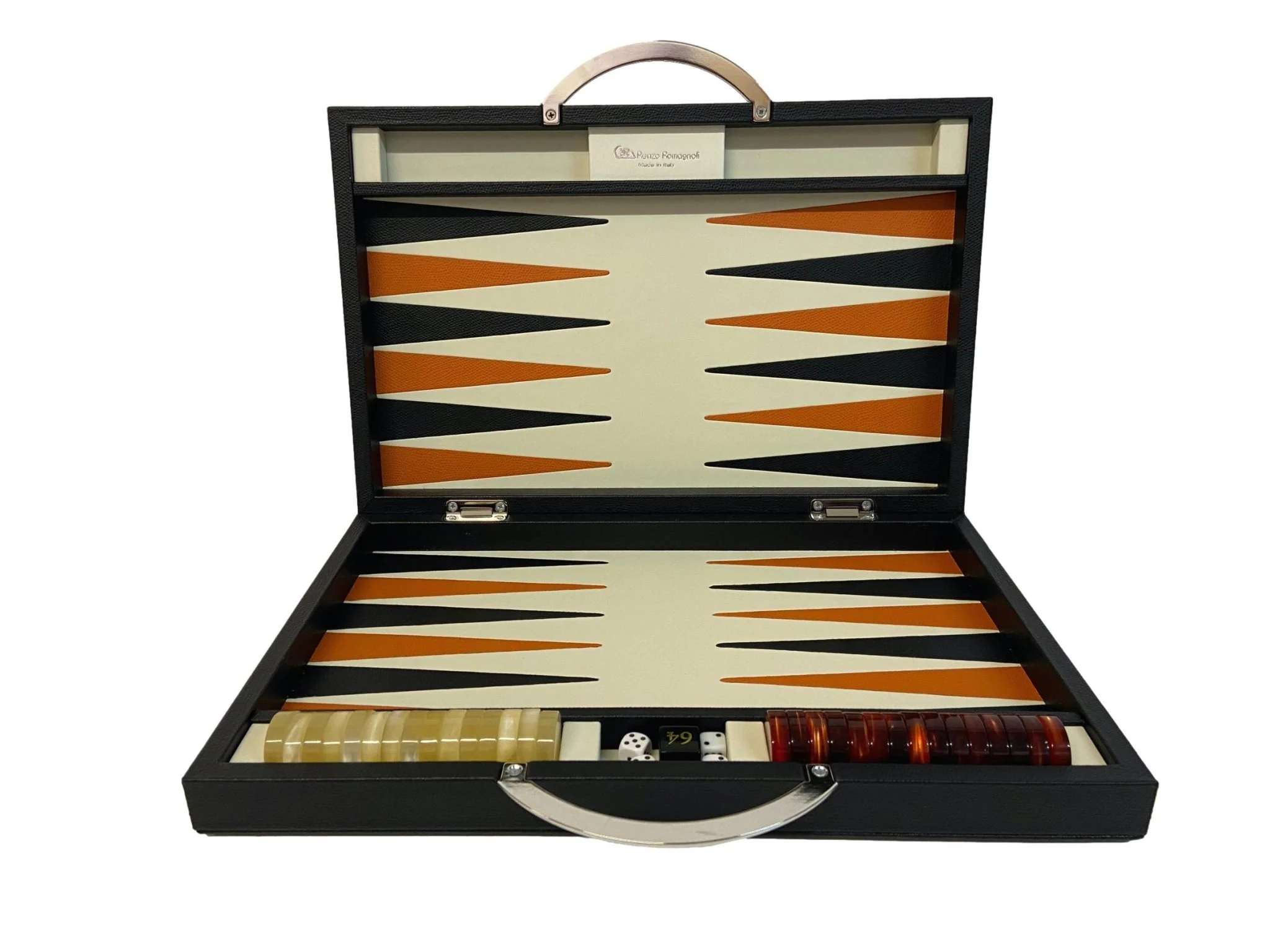 Backgammon Cuir véritable GM - Noir / Orange - Renzo Romagnoli