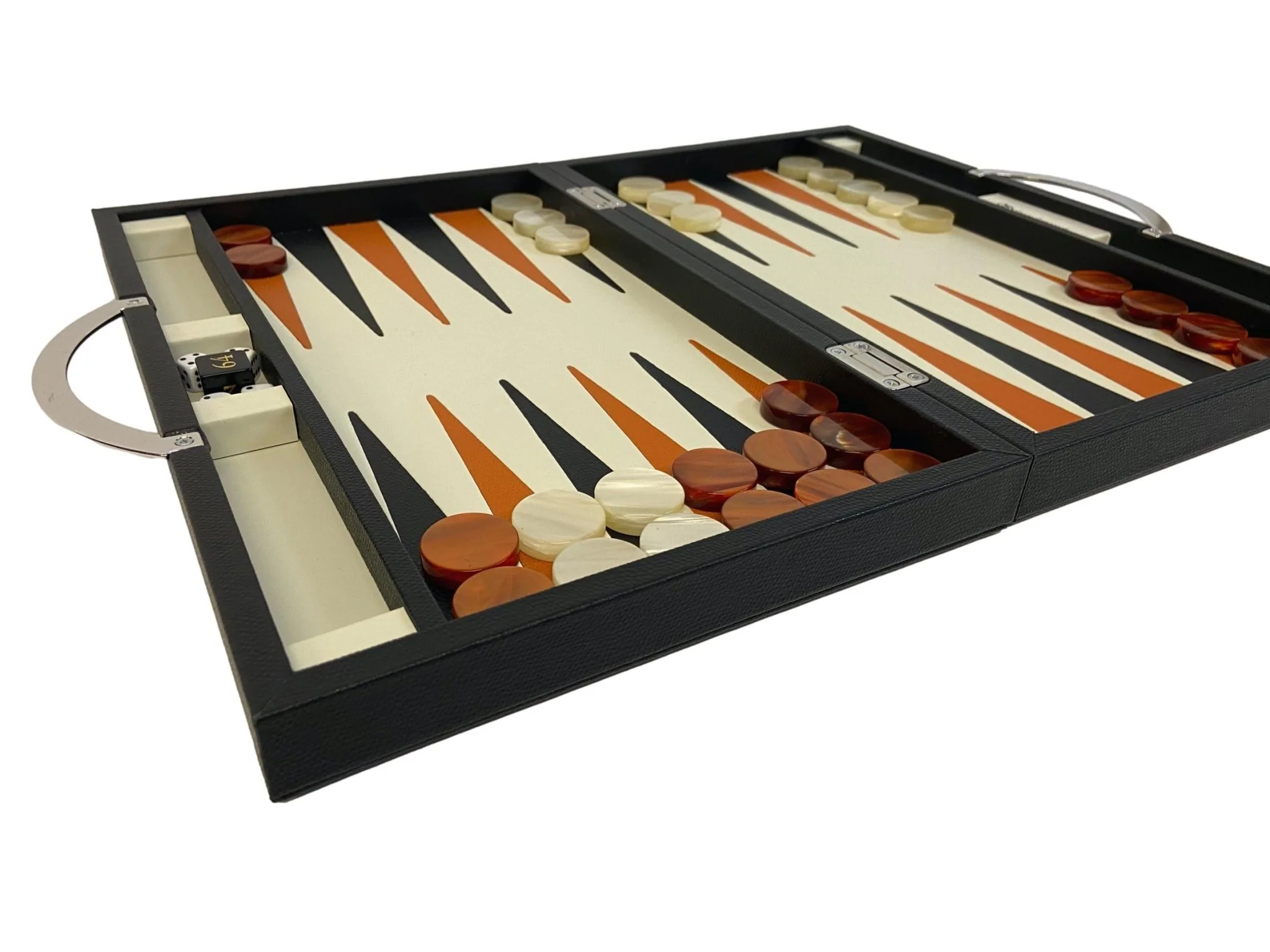 Backgammon Cuir véritable GM - Noir / Orange - Renzo Romagnoli - Image 2