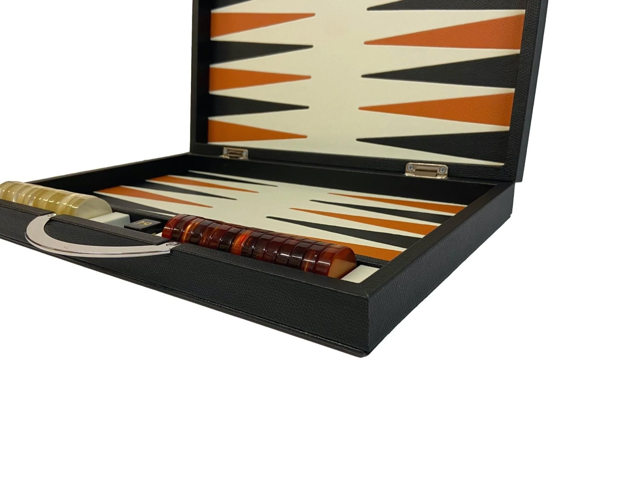 Backgammon Cuir véritable GM - Noir / Orange - Renzo Romagnoli - Image 5