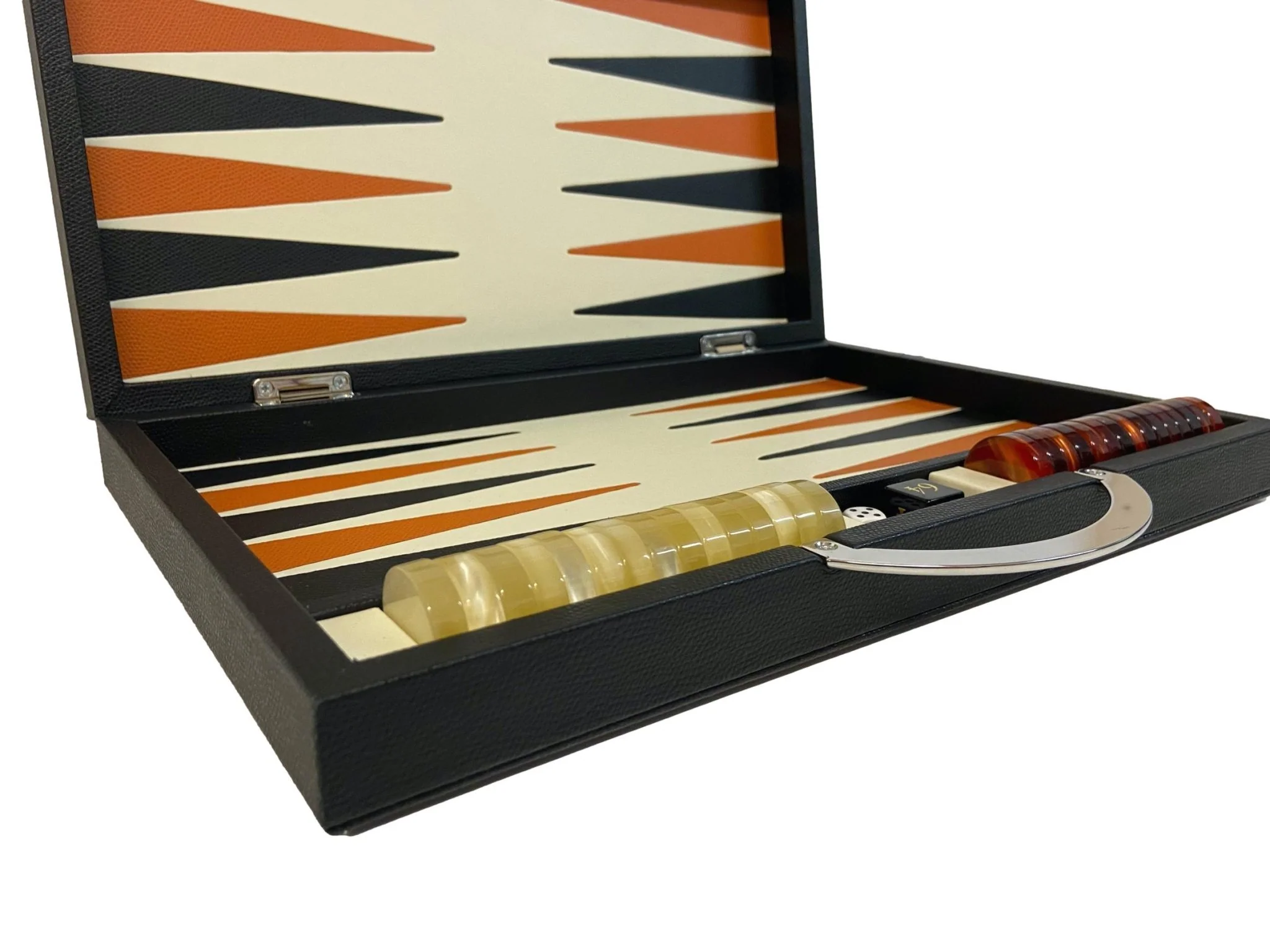 Backgammon en Cuir véritable MM - Noir / Orange - Renzo Romagnoli - Image 11