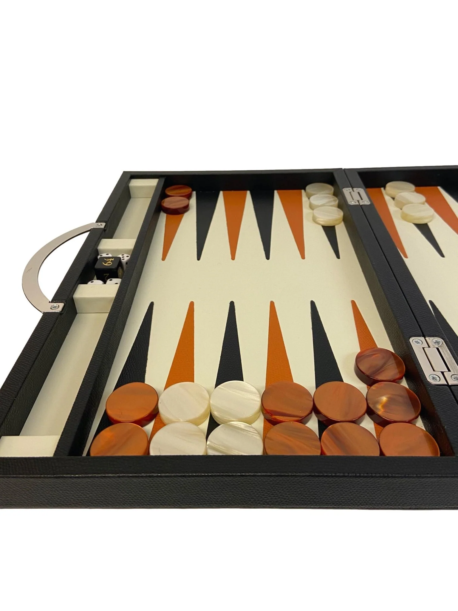 Backgammon en Cuir véritable MM - Noir / Orange - Renzo Romagnoli - Image 2