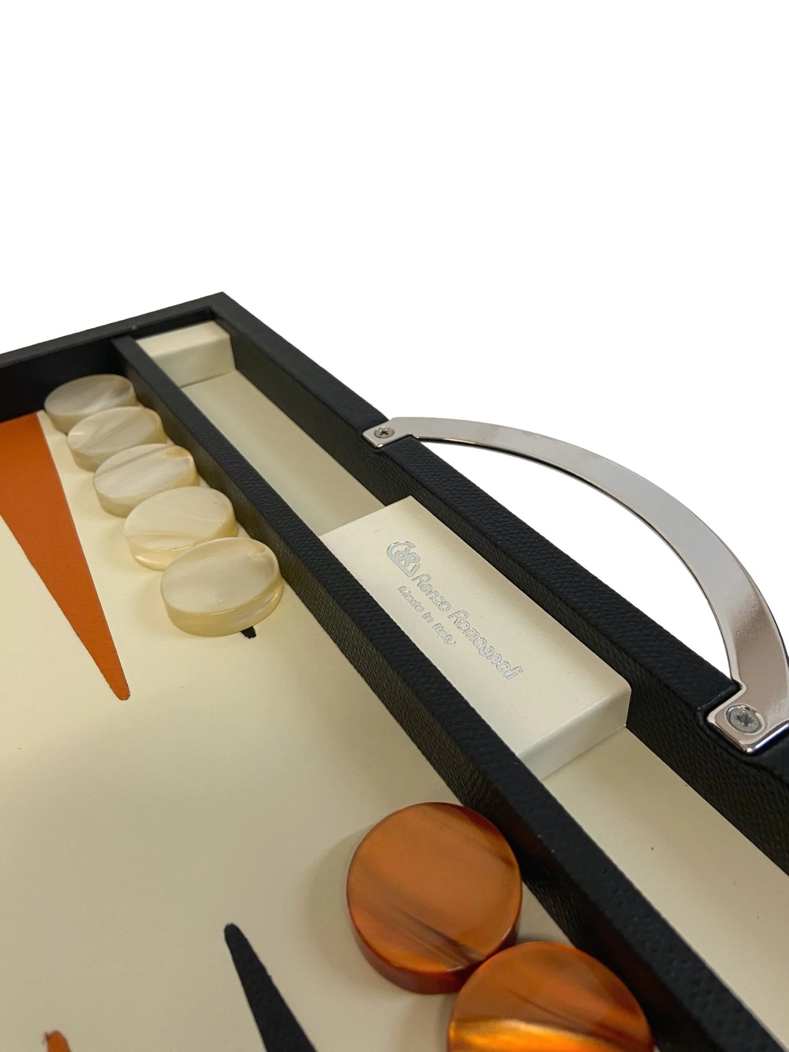 Backgammon en Cuir véritable MM - Noir / Orange - Renzo Romagnoli - Image 6