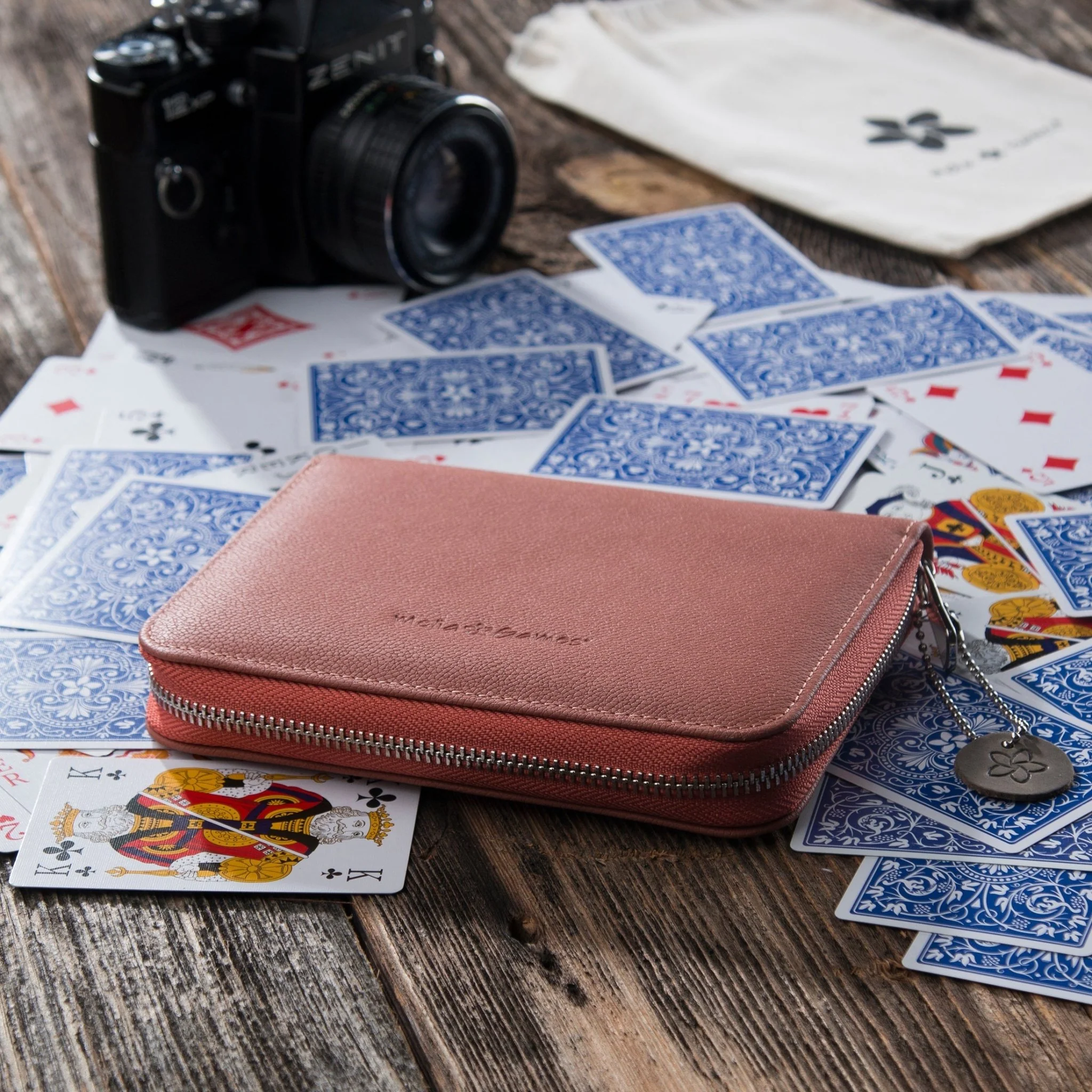 Etui de bridge en cuir pleine fleur - Corail - Image 2