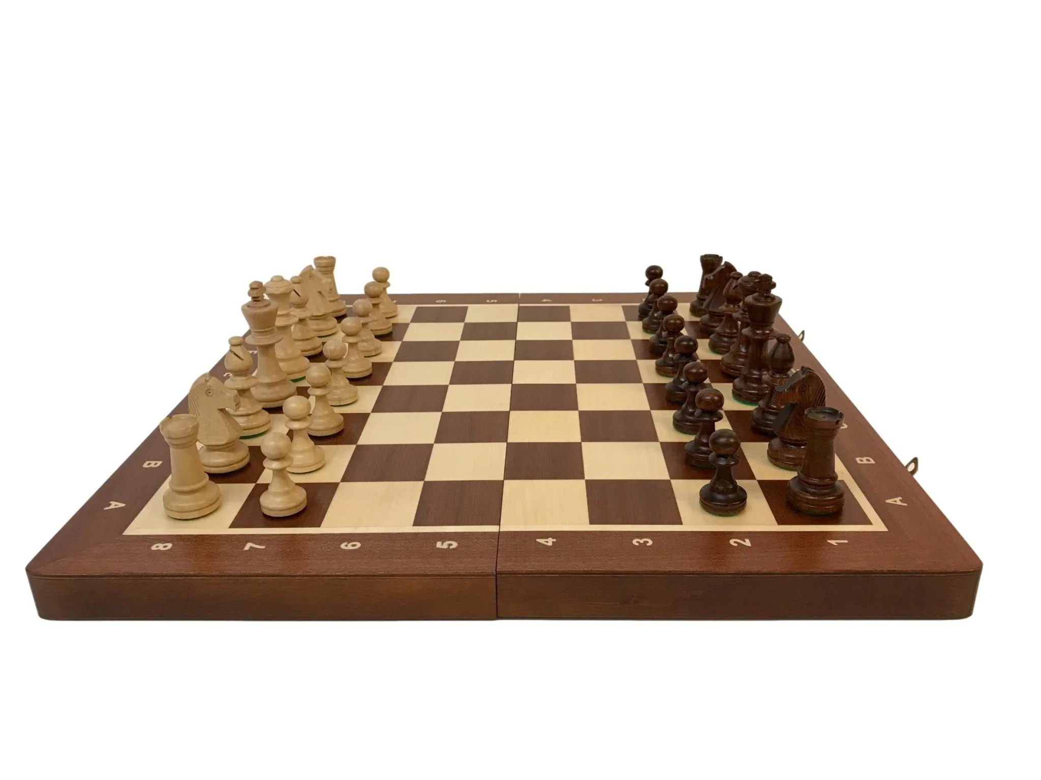 Ensemble jeu d'échecs en sycomore et acajou - Coffre pliant - Lettré chiffré